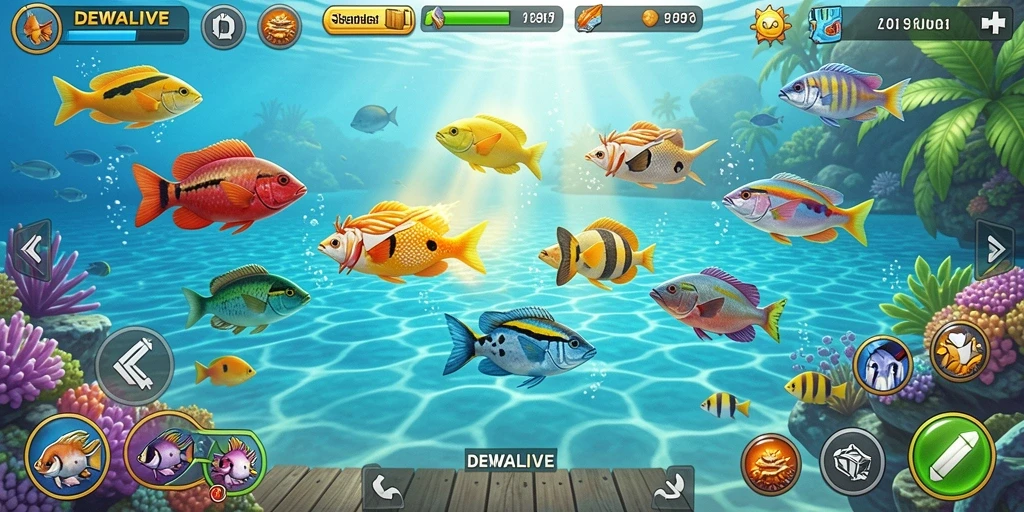 Tangkapan layar dari gameplay menarik DEWALIVE saat memburu ikan.