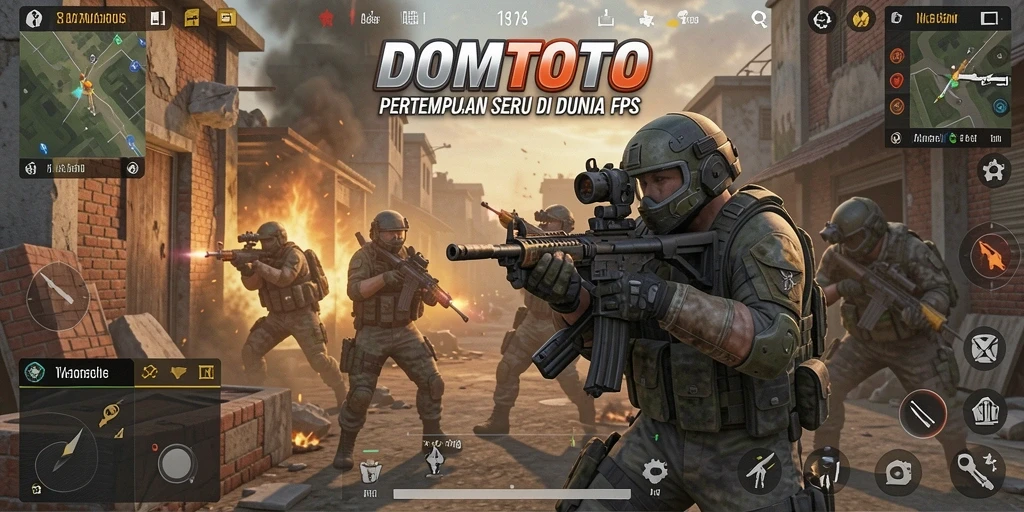 Screenshot gameplay DOMTOTO menampilkan aksi tembak-menembak yang intens.