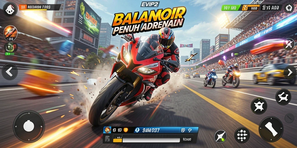 Screenshot gameplay EVIP2 menampilkan aksi balapan motor yang mendebarkan.