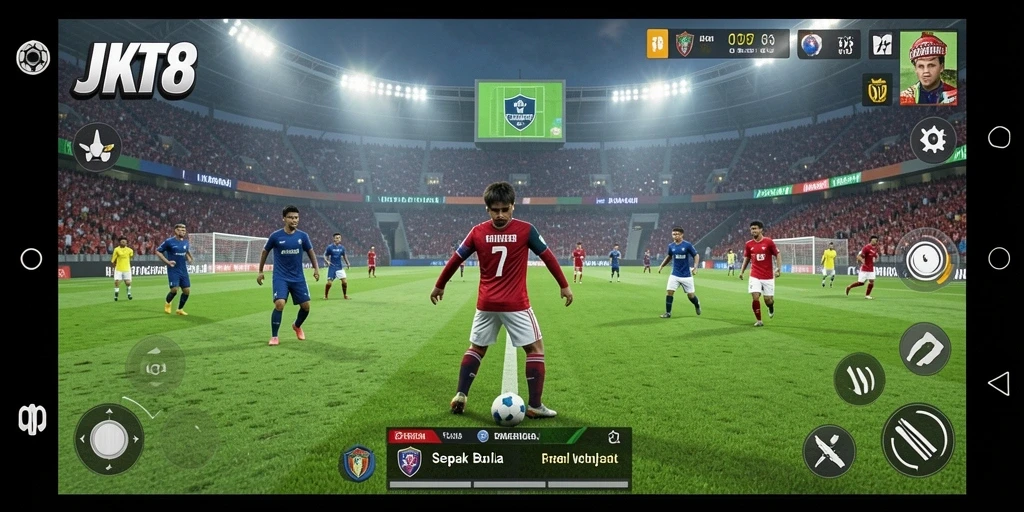 Tampilan gameplay yang mendebarkan dalam JKT8 dengan aksi sepak bola yang intens.
