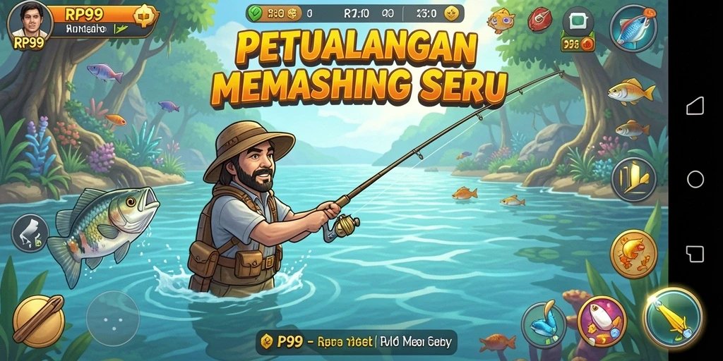Tampilkan permainan menangkap ikan dalam suasana alam yang indah.