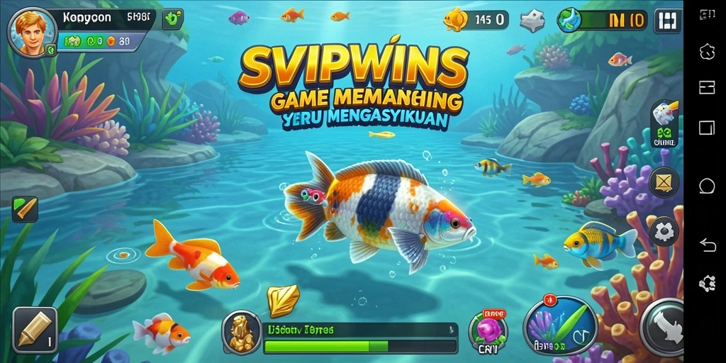 Screenshot gameplay SVIPWINS menampilkan aksi seru saat memancing ikan.